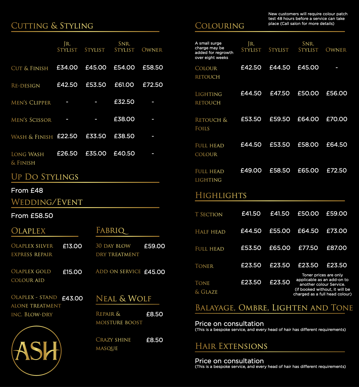 ash salon price list 2025